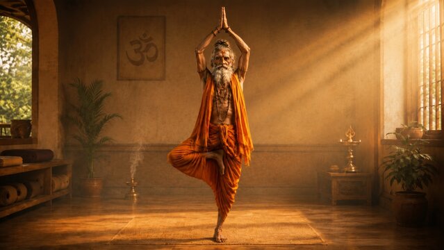 Ancient yogi holding tree pose inside a golden temple room, one foot balanced on the leg and arms raised overhead, creating a serene spiritual yoga wellness scene