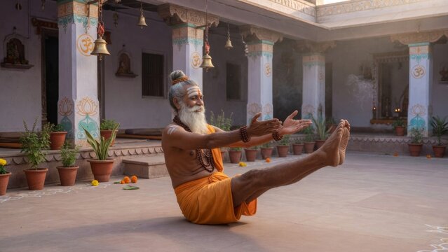 Ancient yogi practicing boat pose in a temple courtyard, legs lifted and core engaged, orange robes and soft architecture creating a focused spiritual yoga wellness scene