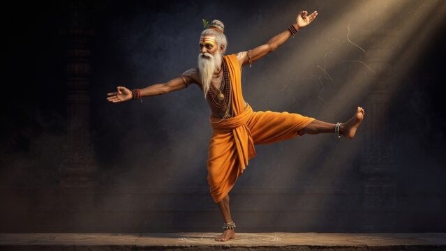 Ancient yogi performing standing hand to big toe pose under dramatic temple light, one leg extended to the side with open arms creating a balanced spiritual yoga wellness scene