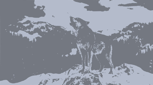 Wolf Howling on Snowy Mountain Peak at Dusk