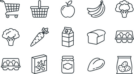 Minimalist Black Line Grocery Shopping Icon Set with Food Cart Basket Fruits Vegetables Milk Bread and Eggs for Supermarket UI Design © Monirul