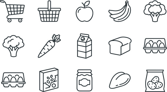 Minimalist Black Line Grocery Shopping Icon Set with Food Cart Basket Fruits Vegetables Milk Bread and Eggs for Supermarket UI Design