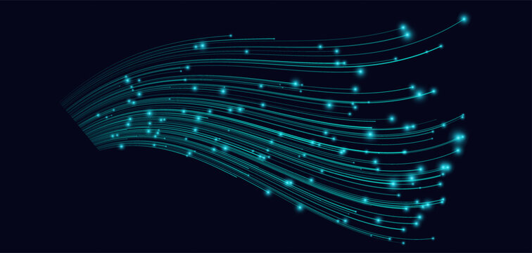 Cyan flowing curved light lines on dark background