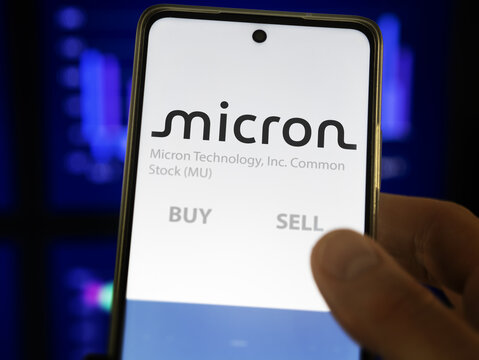 Micron Technology on the screen of an exchange. Micron Technology price stocks, $MU on a device.