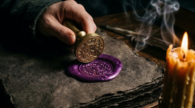 Hand applying a royal wax seal to an ancient document by candlelight