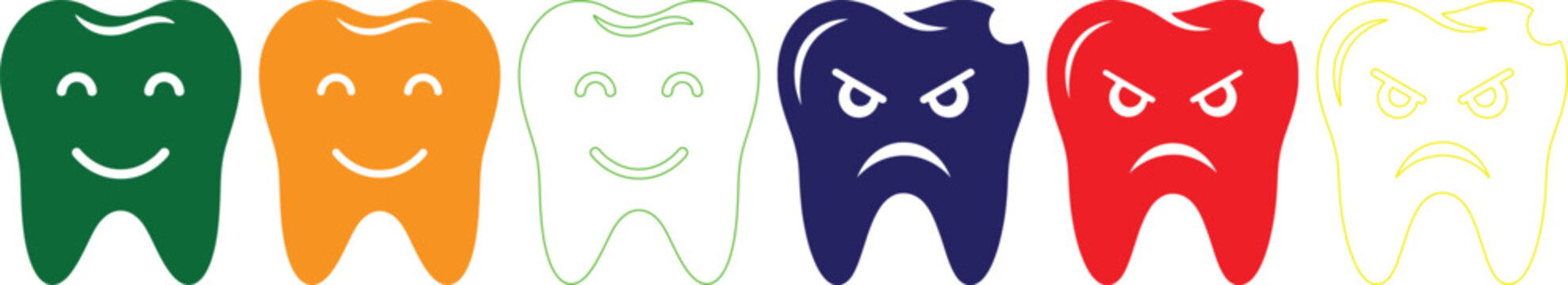 Colorful cartoon teeth with different happy and angry expressions on white background