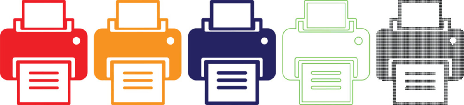 Colorful printer icons in various styles and colors for graphic design and technology concepts  isolated on transparent background