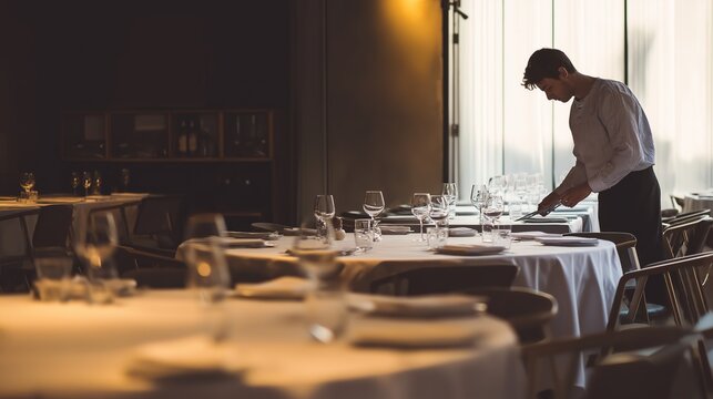 restaurateur. A restaurateur checking a set table in an empty dining room. pitch deck slides, case study pages, designed for corporate presentation decks and stakeholder reports.