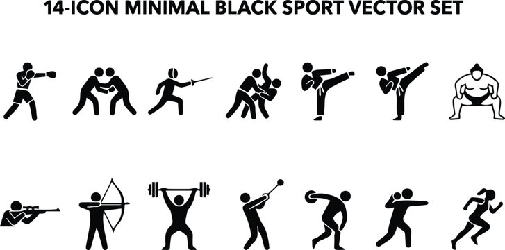 Minimal Black Sport Vector Icons Set Athletes Various Activities Silhouette Collection