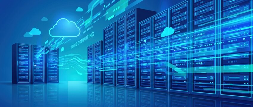 Futuristic data center with illuminated server racks, vibrant digital networks, glowing blue tones, and dynamic cloud computing visuals, showcasing advanced AI technology in a high-tech environment.