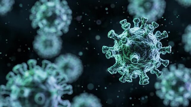Microscopic view of virus cells floating in a dark green infectious environment