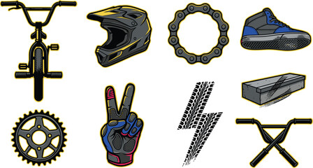 Extreme Sports and BMX Culture Icon Collection Featuring Bicycle, Helmet, Sneaker, Chainring, Lightning Bolt, and Urban Freestyle Graphic Designs © MstSuborna