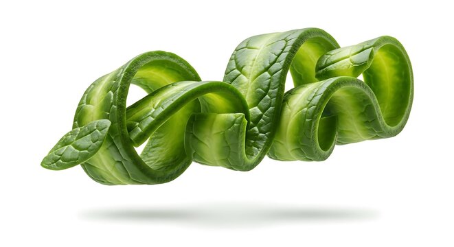 Chiffonade of fresh green cucumber slices curled elegantly against a crisp white background highlighting culinary prep and artistic vegetable presentation