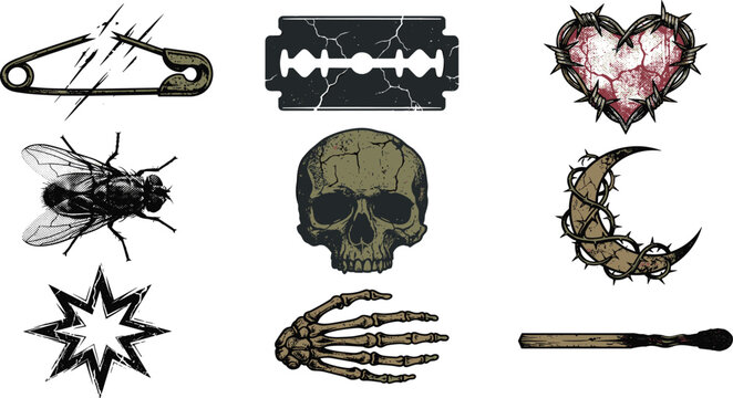 Dark Grunge Gothic Symbol Collection Featuring Skull, Razor Blade, Thorn Heart, Skeleton Hand, Fly Illustration, and Distressed Horror Graphic Elements