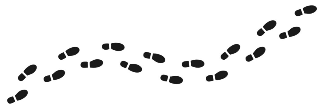 Black footprint trail on white background, walking path concept