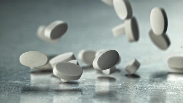 White tablets falling and bouncing closeup soft light clinical texture Filmed on a high-speed camera at 1000 fps.