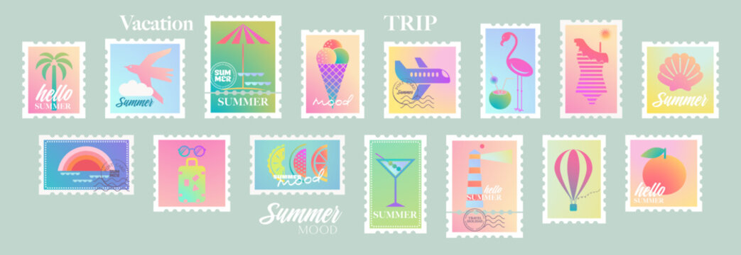 Postage stamps for summer travel postcards. Set of postal stickers for mail, posters or icons in retro design. Vintage labels in flat design. Modern gradient geometric vector illustration.