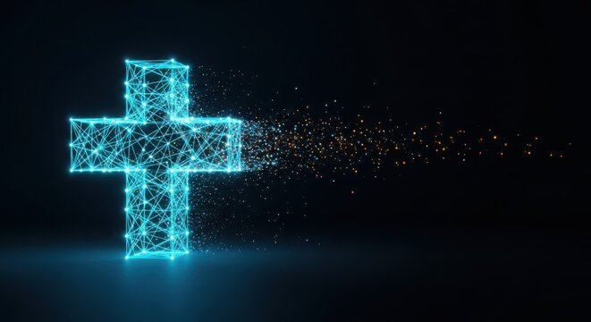 a blue cross made of pixels on a black background illustration