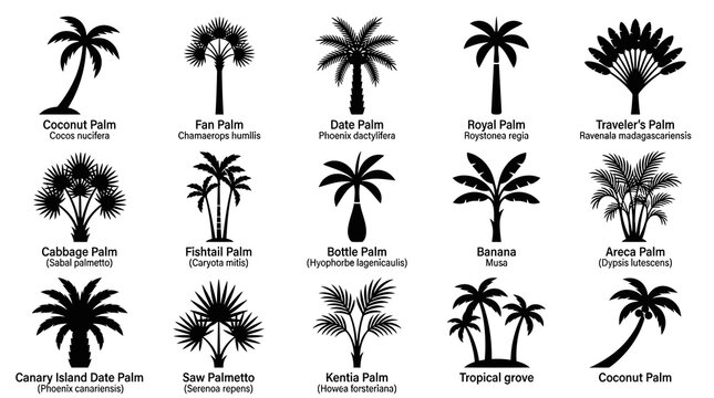 Collection of various palm tree types in black silhouettes.