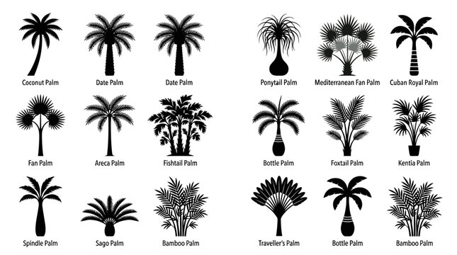 Collection of various palm tree types in black silhouette.