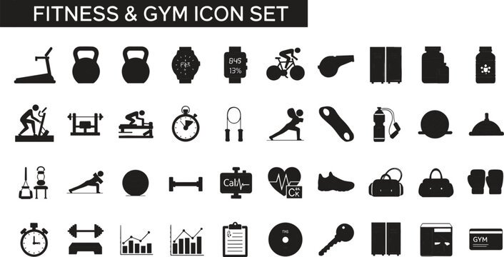 Fitness and gym silhouette icon set featuring workout equipment training exercise health monitoring sport activity lifestyle vector collection