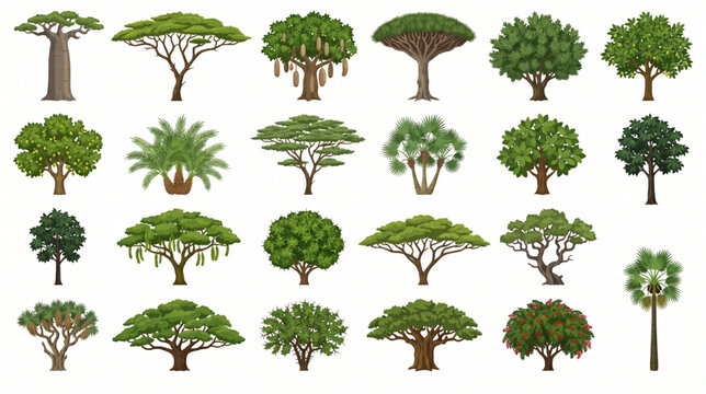 African trees vector illustration set featuring flat icons of baobab acacia palm and native savanna flora isolated on white background