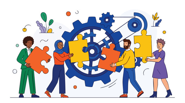 Diverse cross-functional team optimizing complex business operations through collaborative synergy and strategic problem solving