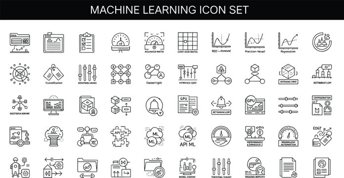 Machine learning workflow outline icon set with datasets neural networks regression clustering analytics automation dashboard artificial intelligence pipeline symbols