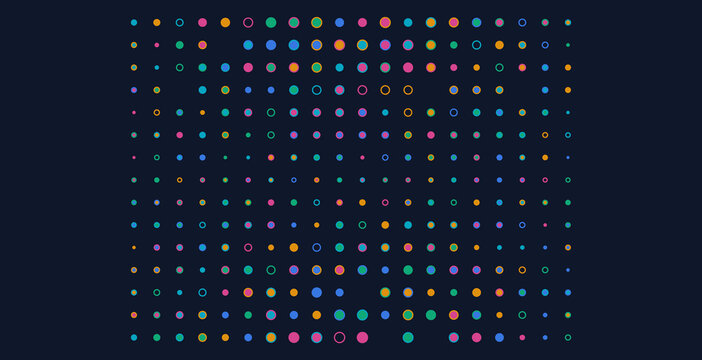 Abstract grid of colorful circular dots and rings on dark background for digital patterns.