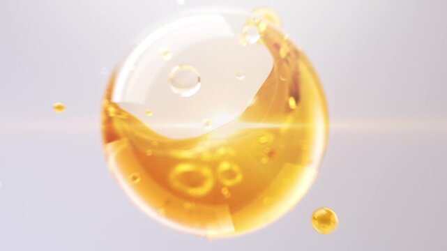 Golden essence sphere releases anti-aging and moisturizing energy, water waves roll inside the ball, cosmetic hyaluronic acid bubbles,whitening skin,use for hair care,skin care beauty. 3D rendering.