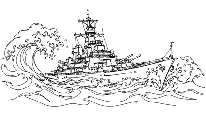 Obraz premium Detailed battleship illustration moving through rough ocean waves, suitable for military, naval, maritime, and transportation concepts.