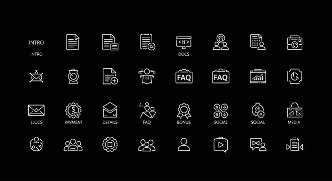 Modern Icon Set: Business, Technology, and Communication Icons on Black Background