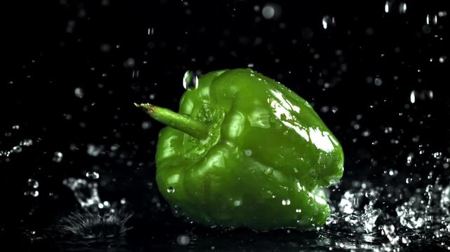 Whole green pepper struck by water produce inspector test, heavy Filmed on a high-speed camera at 1000 fps.