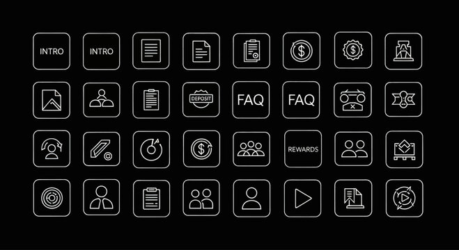 Modern Icon Set for Business and Technology - White Line Art on Black Background