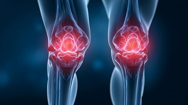 Human knee joint experiencing arthritis and pain, representing medical conditions, orthopedic issues, and health challenges within a skeletal illustration on a dark blue background