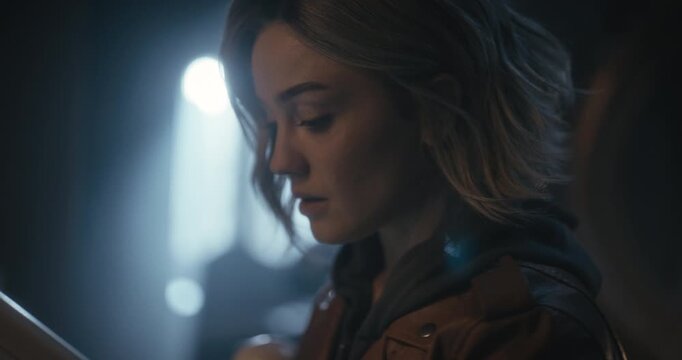 Emotional closeup on woman as she answers rotary phone with glazed eyes then goes upstairs when lights go out