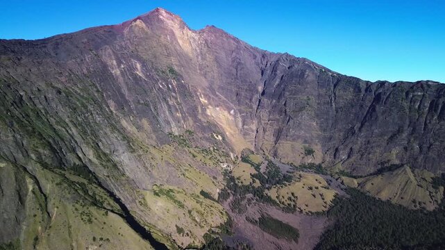 Aerial view of Mt. Rinjani sumit, Segara Anak crater lake, volcanic cone, Lombok