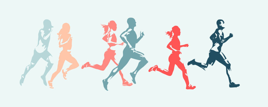 Colorful silhouettes of diverse people jogging for fitness