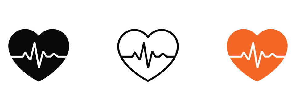 Heart rate icons showcasing heartbeat and ECG line graphics for healthcare systems, fitness monitoring, and cardiology related designs. Vector illustration.