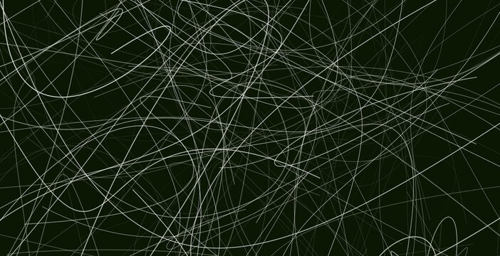 Intricate white line art on dark green background with dense chaotic scribbles and loops.