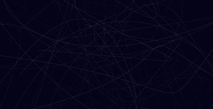 Minimalist navy blue background with thin white tangled line art and messy scribble web.