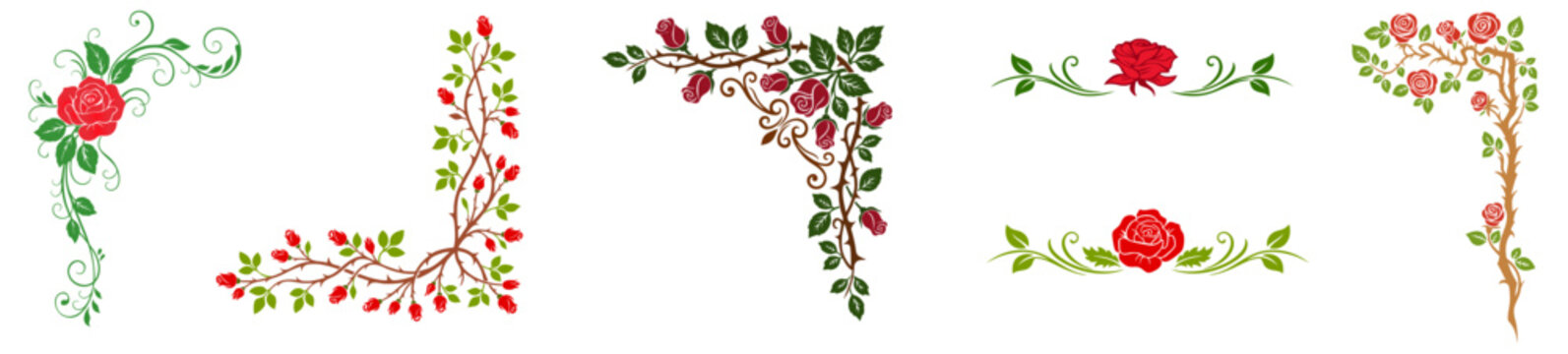 Rose Floral Corner Border and Divider Set with Botanical Scrollwork Rosebud Branches and Frame