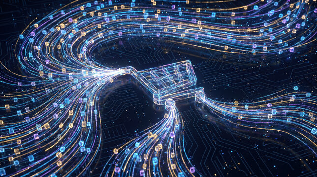Abstract digital wireframe shopping cart connects with glowing data streams on electronic circuit board tech background. Promotional ecommerce marketing discount. Special sale promotion copy-space.