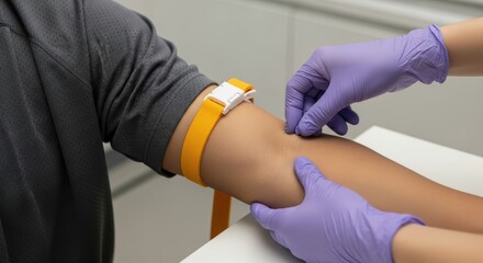 Obraz premium Medical professional prepares patient's arm for blood test in a clinical setting with doctor and nurse