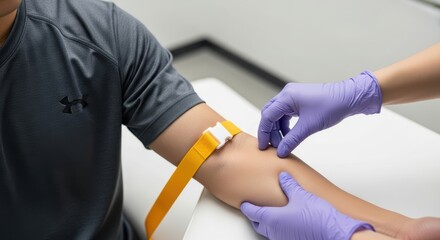 Obraz premium A medical professional prepares a patient's arm for blood sampling in a clinic