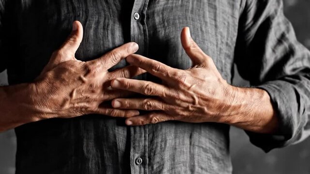 Man wearing a gray shirt with a hand pointing forward on a dark background