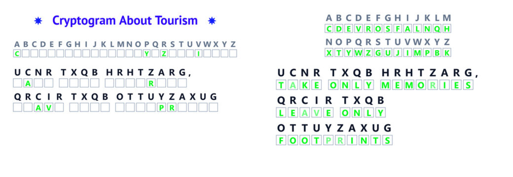 Cryptogram puzzle related to tourism and travel concepts  