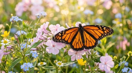 Obraz premium A vibrant monarch butterfly perches delicately on a cluster of colorful wildflowers.