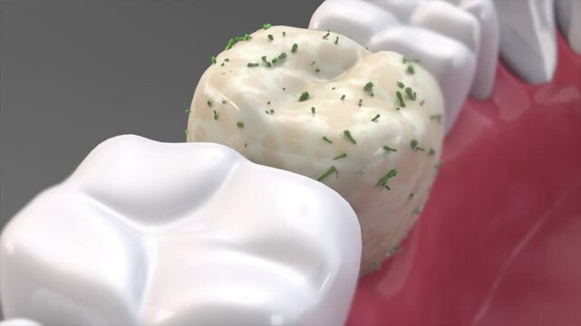 Removing plaque, where bacteria accumulates on the tooth surface, toothpaste or mouthwash cleans plaque and strengthens the tooth surface. Before and after comparison. Oral hygiene product ads, 3d.