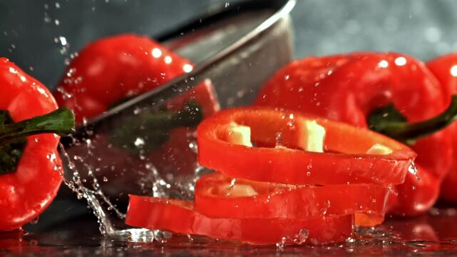 Closeup pepper stem with water, intense macro focus on texture Filmed on a high-speed camera at 1000 fps.